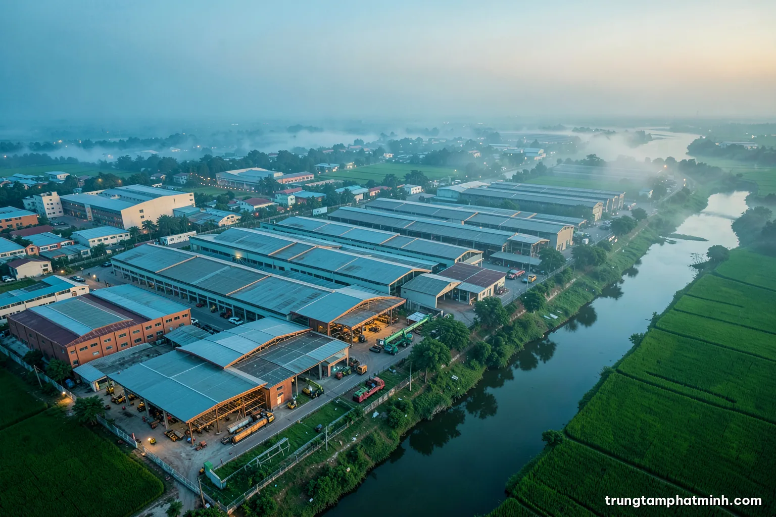 Aerial view of a modern Vietnamese industrial park at dawn, rows of factory roofs and a winding river beside green rice fields, soft mist, cool blue and green tones