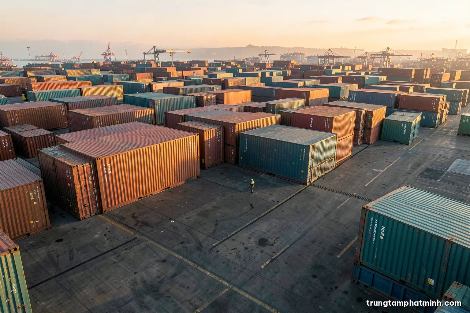 Wide aerial view of a busy container port at dawn, stacked shipping containers in muted rust and teal, a customs inspector figure small among the rows, long soft shadows