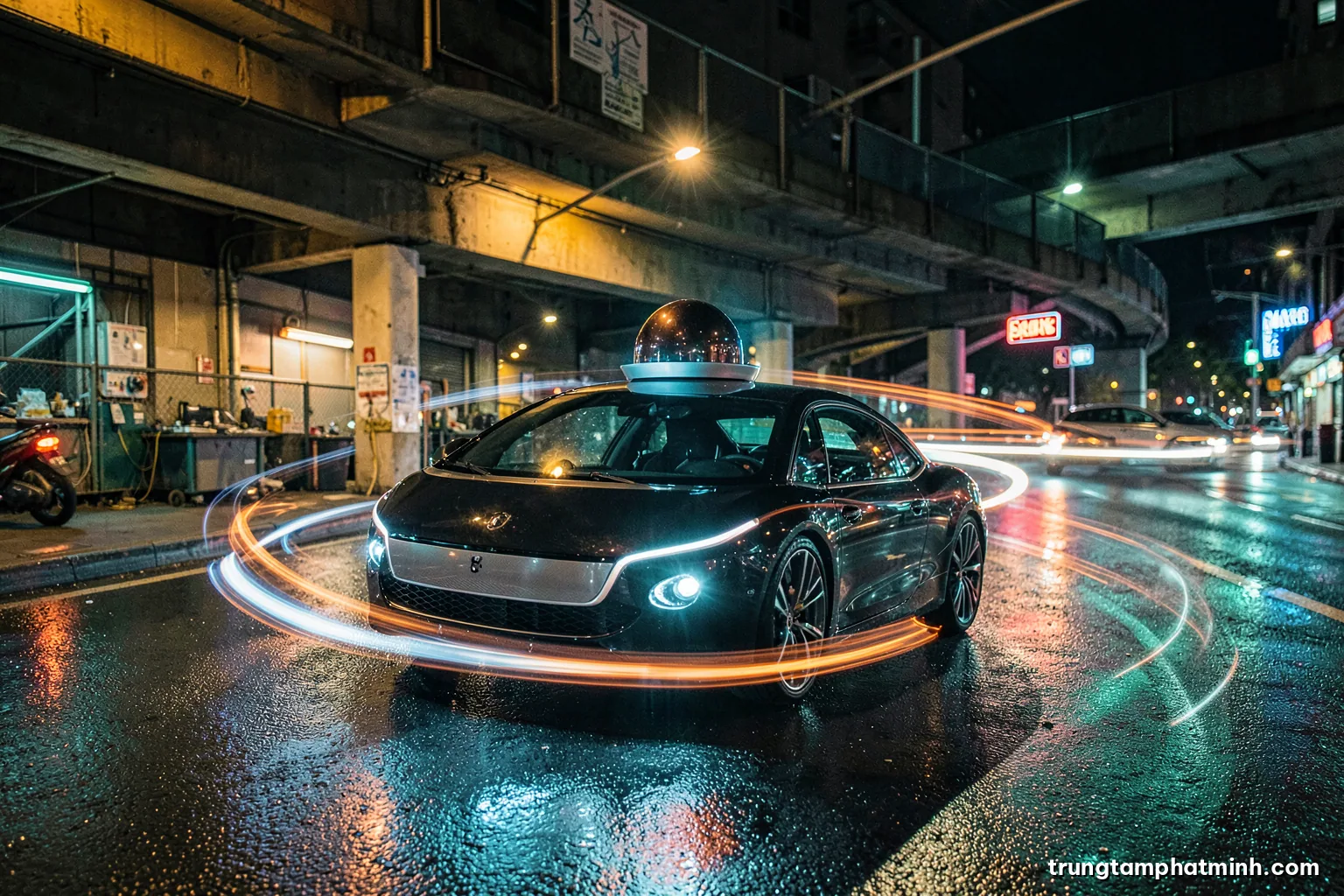 Night long-exposure from an overpass of a driverless car with a roof-mounted sensor dome on a wet city street, motorbike light trails swirling around it, neon reflections
